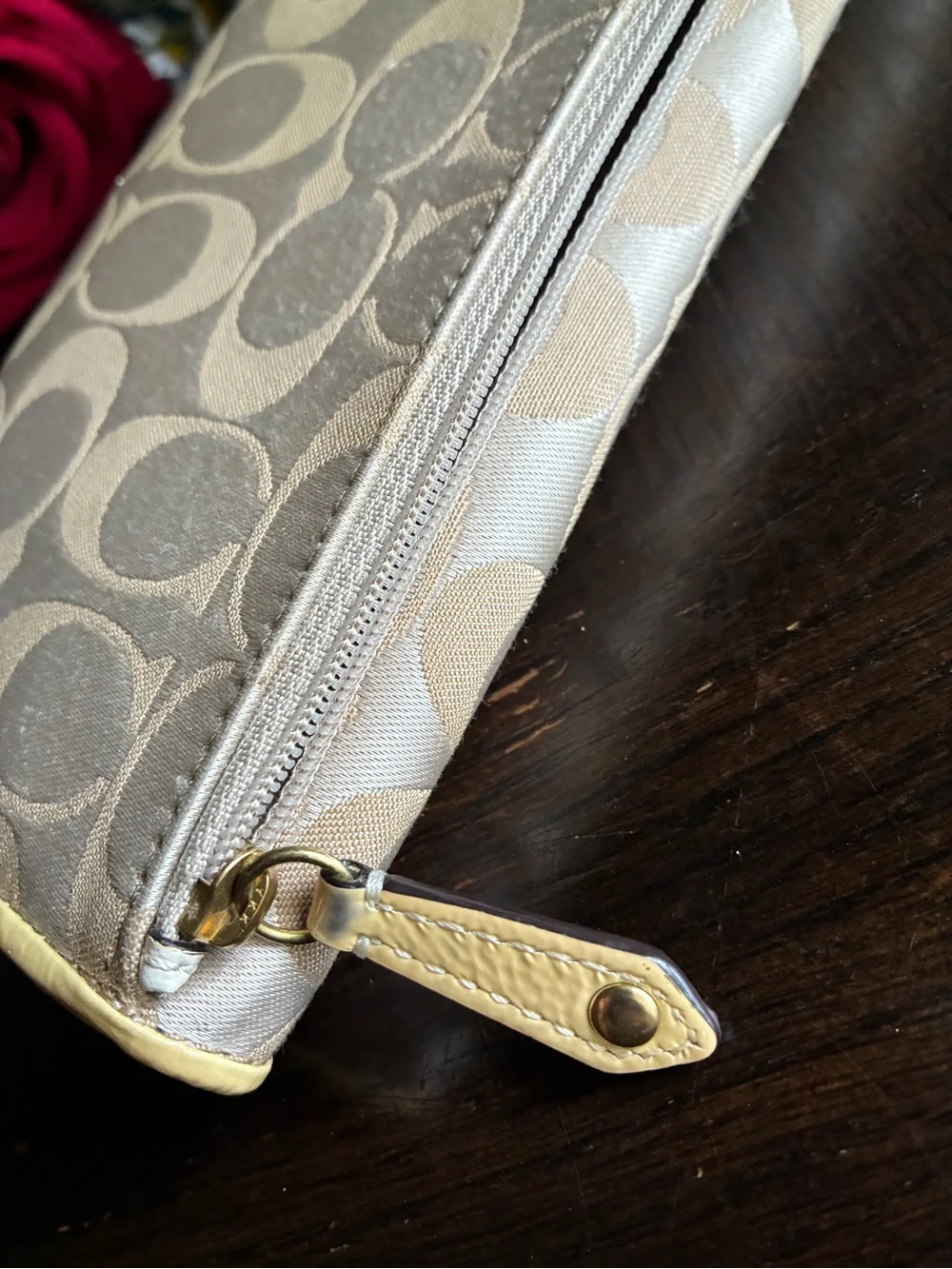 Coach Beige and Cream Signature Continental Wallet with Gold Accent